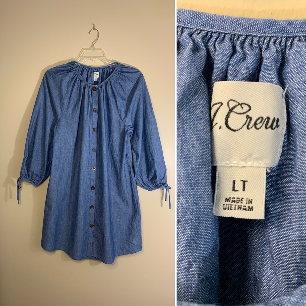J.Crew Re-Imagined denim dress raglan long sleeves front button closure size LT